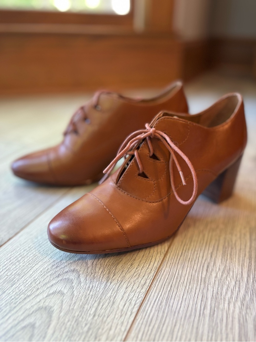 Patricia Nash Anna Leather Heeled Oxfords Cognac Brown Stacked Heel Womens 9